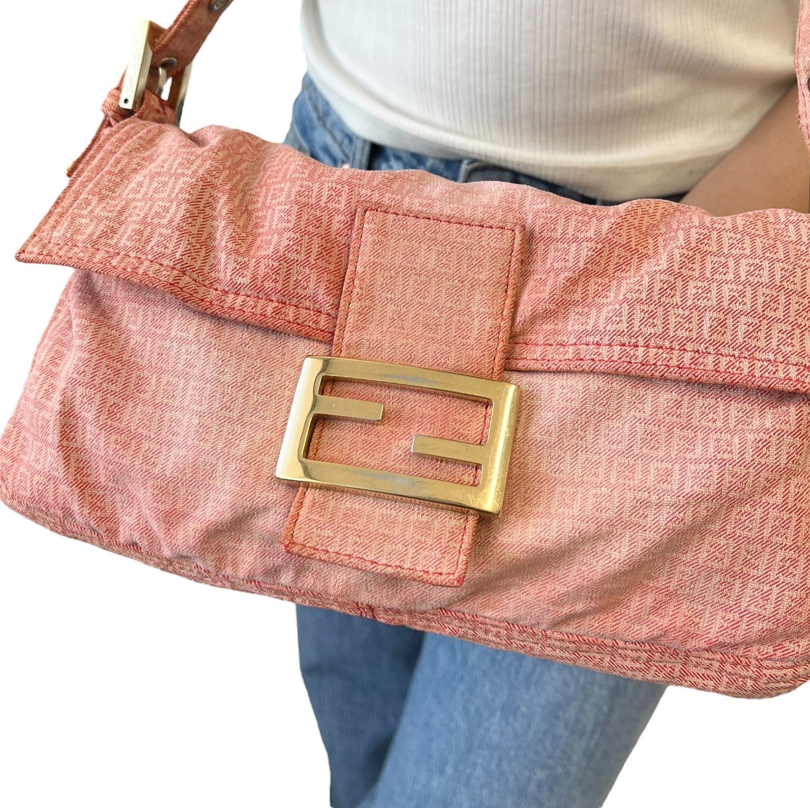 FENDI Vintage Zucchino Monogram Mamma Baguette Shoulder Bag Orange Pink Gold