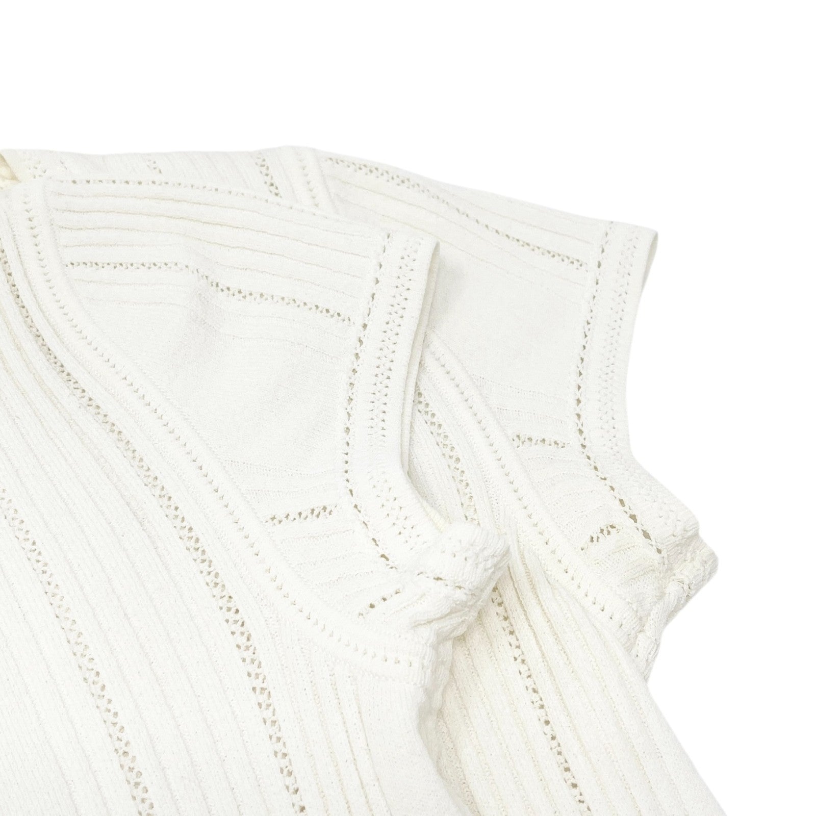 CHANEL Vintage 03P CC Logo Knit Rib T-shirt Top Mesh White Cotton Short Sleeve