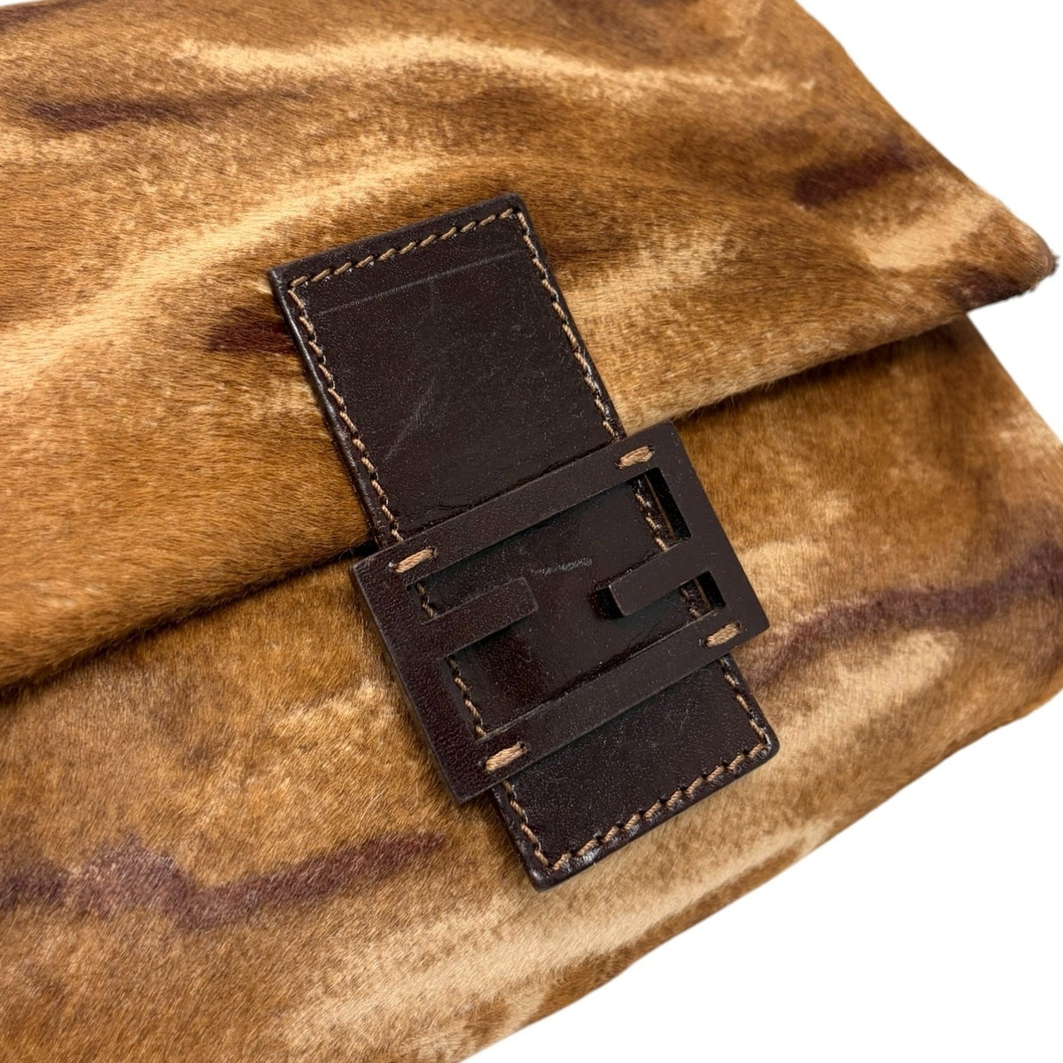 FENDI Vintage FF Logo Mamma Baguette Pony Calf Hair Shoulder Bag Brown 902915