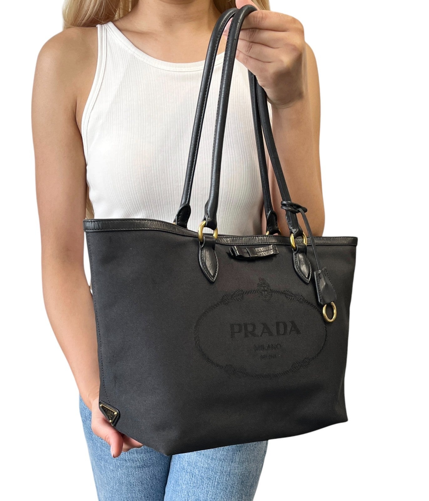 PRADA Vintage Milano Jacquard Logo Canvas Shoulder Tote Large Bag Black 902242