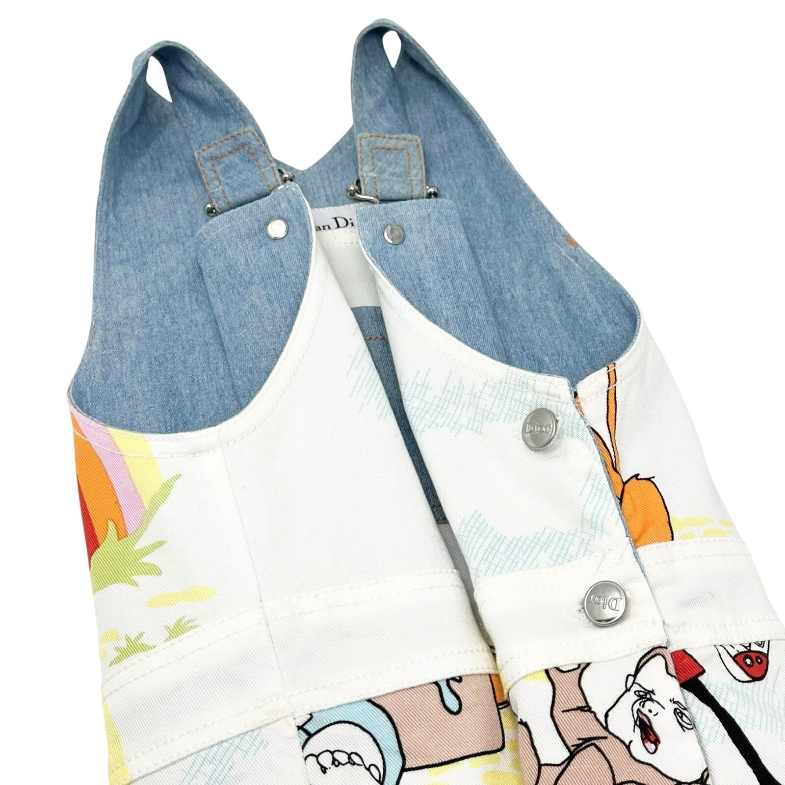 Christian Dior Vintage Cartoon Denim Rompers #8A Overalls Skirt Blue Cotton