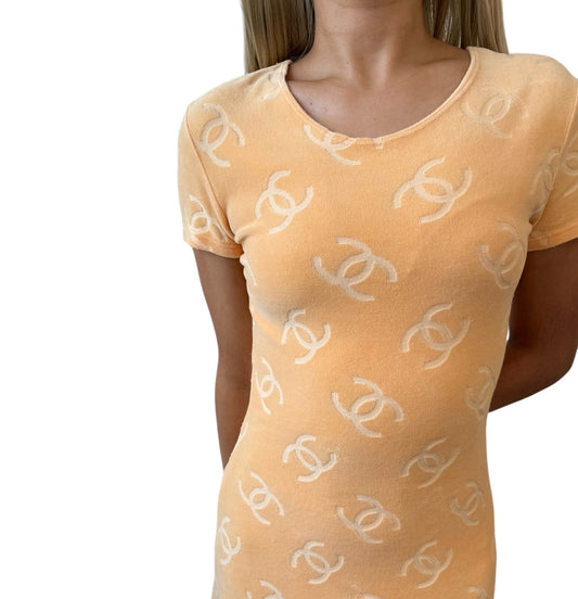 CHANEL Vintage 1996 CC Mark Logo Velour Dress #38 One-piece Orange Cotton