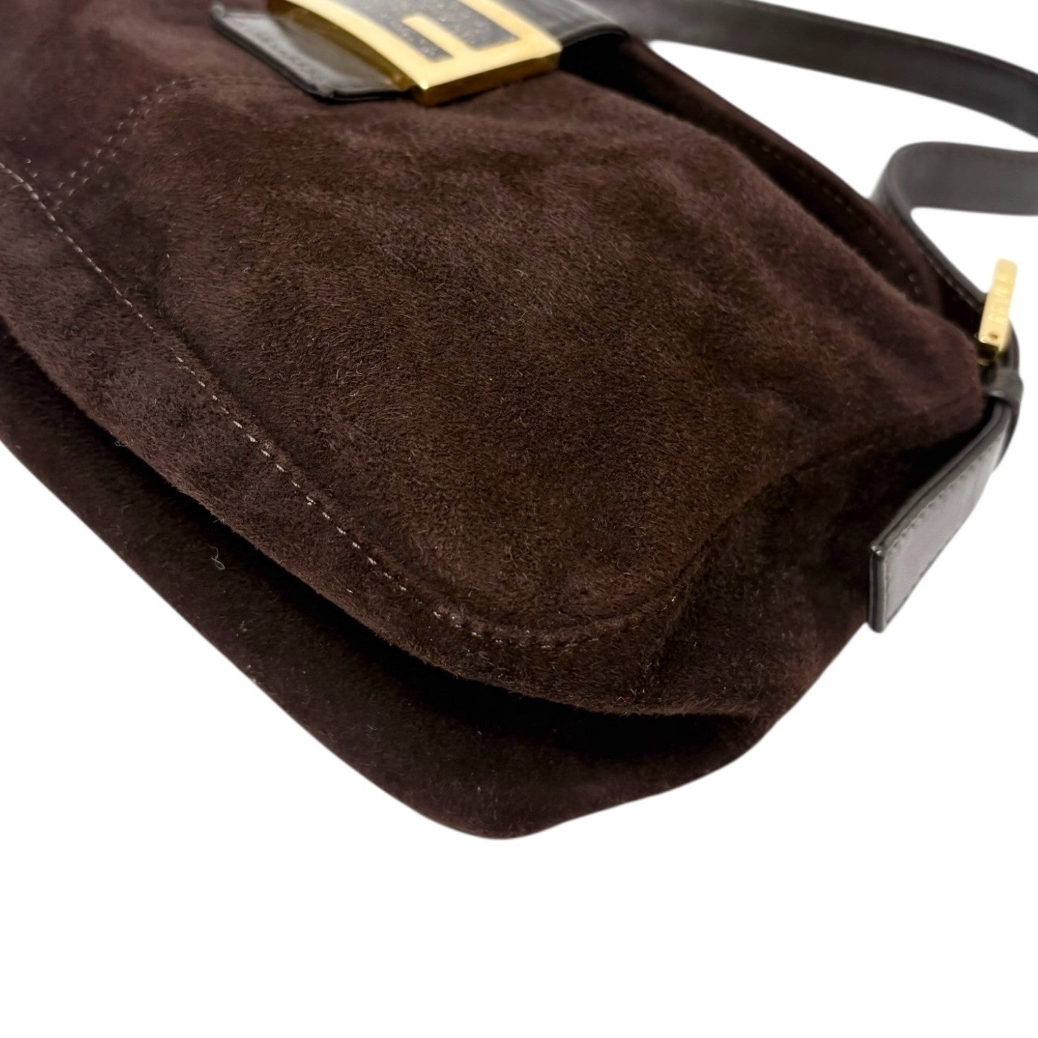 FENDI Vintage FF Logo Mamma Baguette Shoulder Bag Handbag Brown Gold Suede