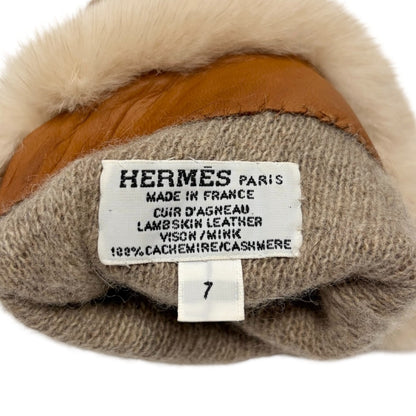 HERMES Vintage Kelly Padlock Cadena Fur Trim Leather Gloves #7 Brown 902367