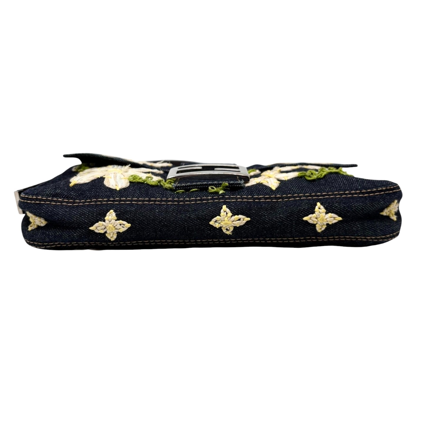 FENDI Vintage Mamma Baguette Denim Shoulder Bag Flower Blue Cotton 901871