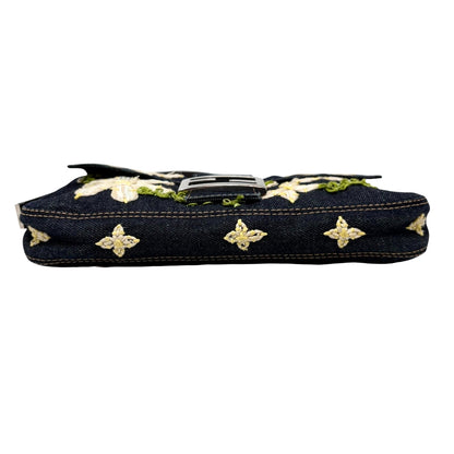 FENDI Vintage Mamma Baguette Denim Shoulder Bag Flower Blue Cotton 901871