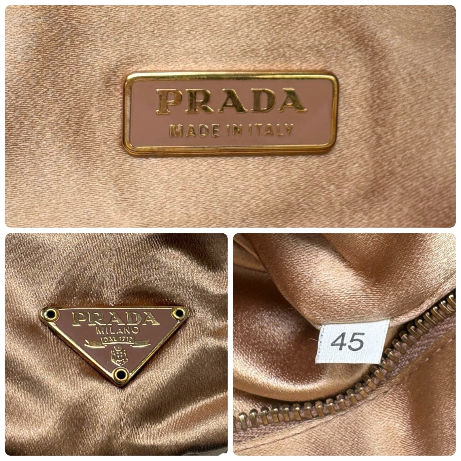 PRADA Vintage Triangle Logo Mini Tote Bag HandBag Pochette Beige Gold Satin
