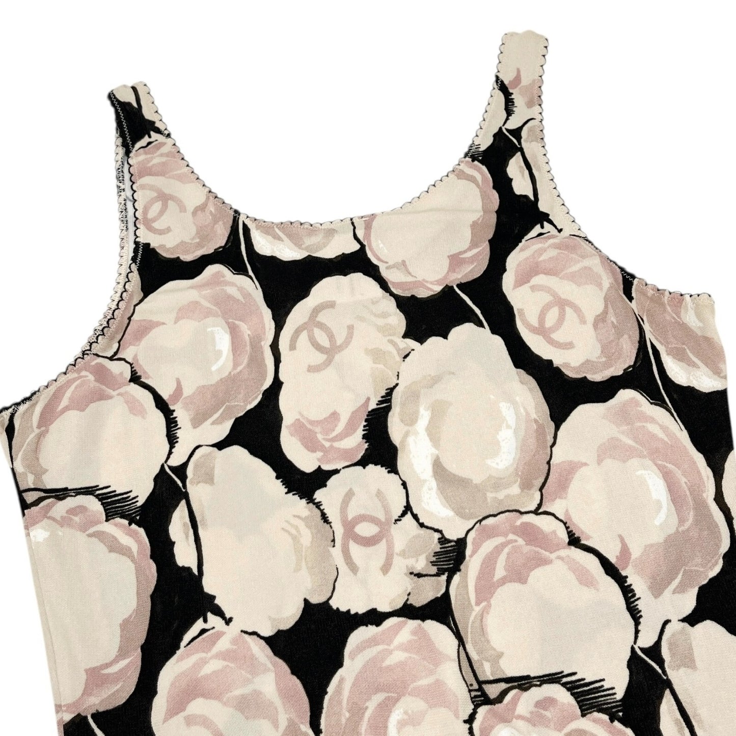 CHANEL Vintage 04A CC Camellia Logo Tank Top #38 Black Beige Pink Rayon