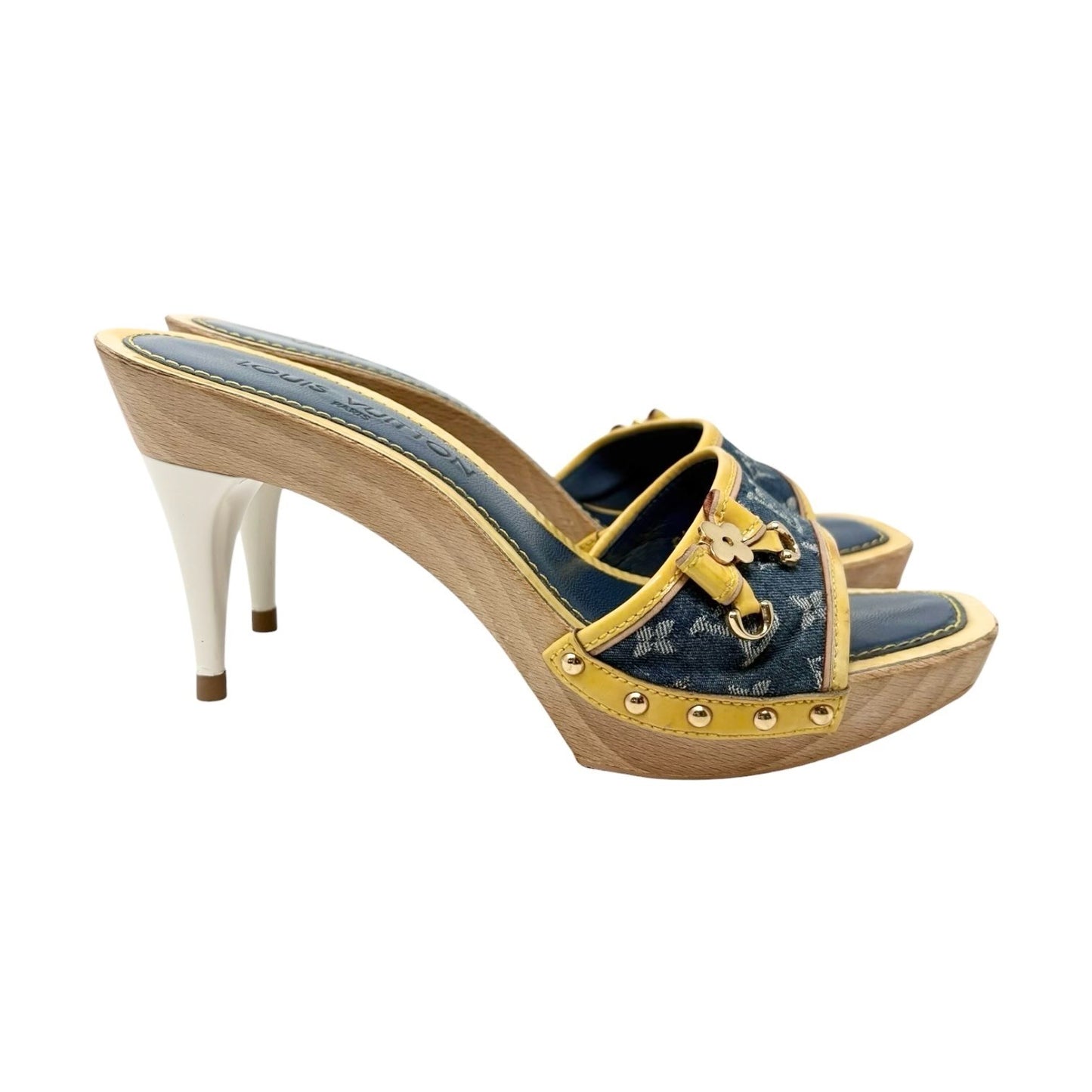 LOUIS VUITTON Vintage Monogram Denim Sandals #36-36.5 Blue Yellow Leather 901872