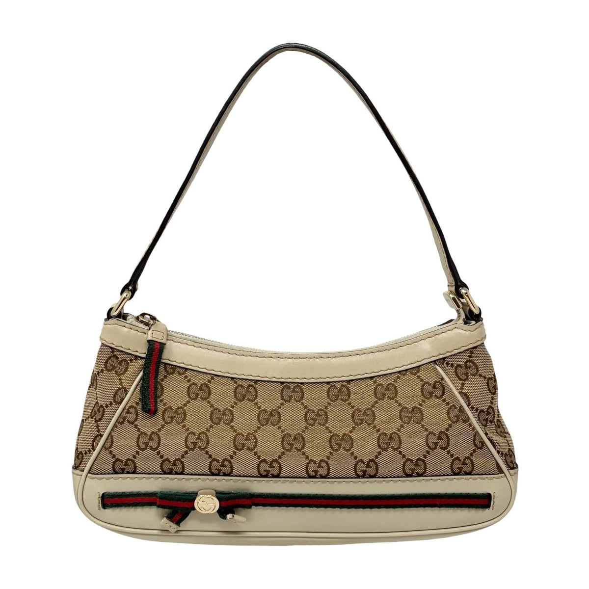GUCCI Vintage GG Monogram Web Stripe Canvas Shoulder Bag Beige Ribbon 902487