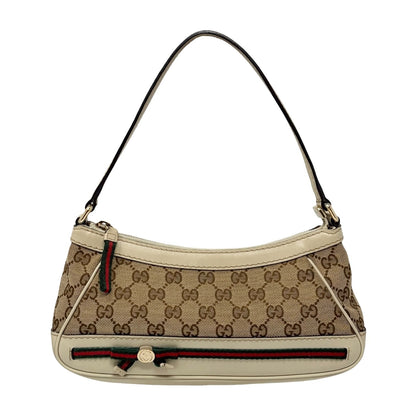 GUCCI Vintage GG Monogram Web Stripe Canvas Shoulder Bag Beige Ribbon 902487