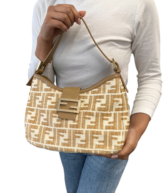 FENDI Vintage FF Logo Zucca Raffia Hobo Shoulder Bag Beige White Leather