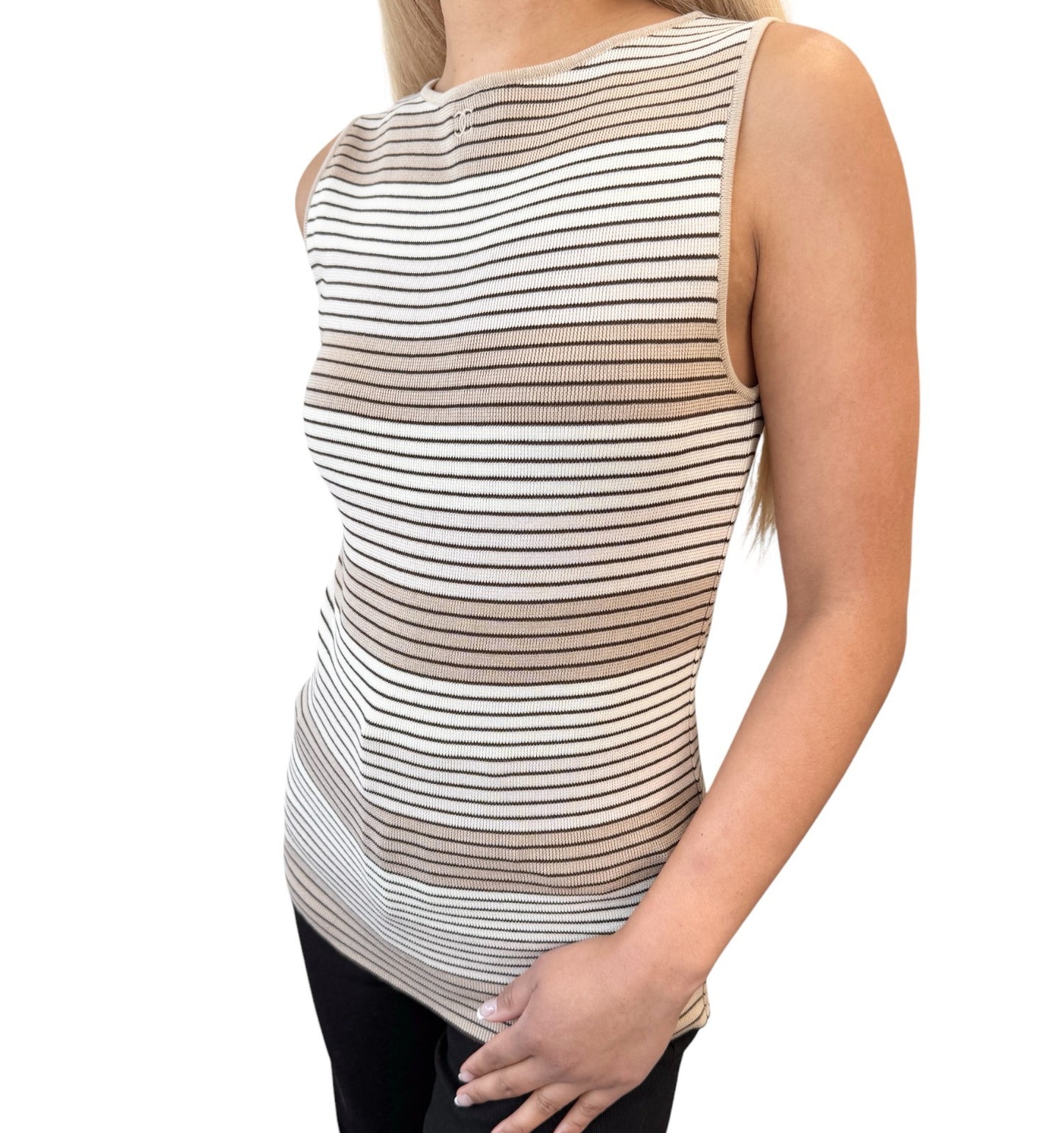 CHANEL Vintage 98P CC Logo Knit Tank Top #40 Stripe Brown Beige Cotton