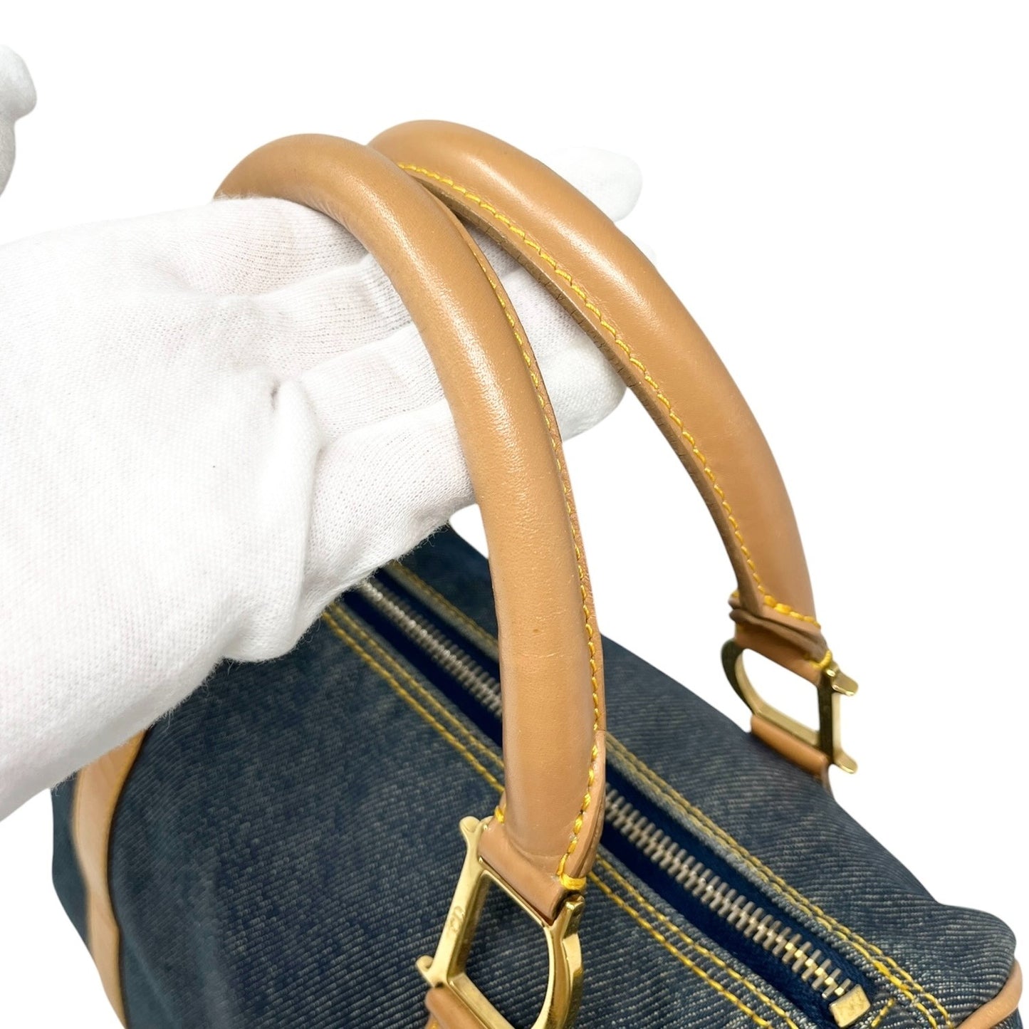 Christian Dior Vintage 2002 D Charm Denim Mini Boston Bag Blue Beige Gold 902586