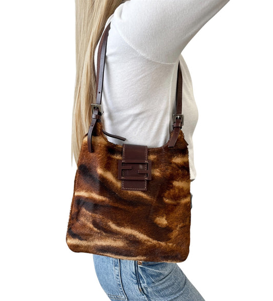 FENDI Vintage FF Pony Calf Hair Shoulder Bag Brown Beige Silver Leather 902217