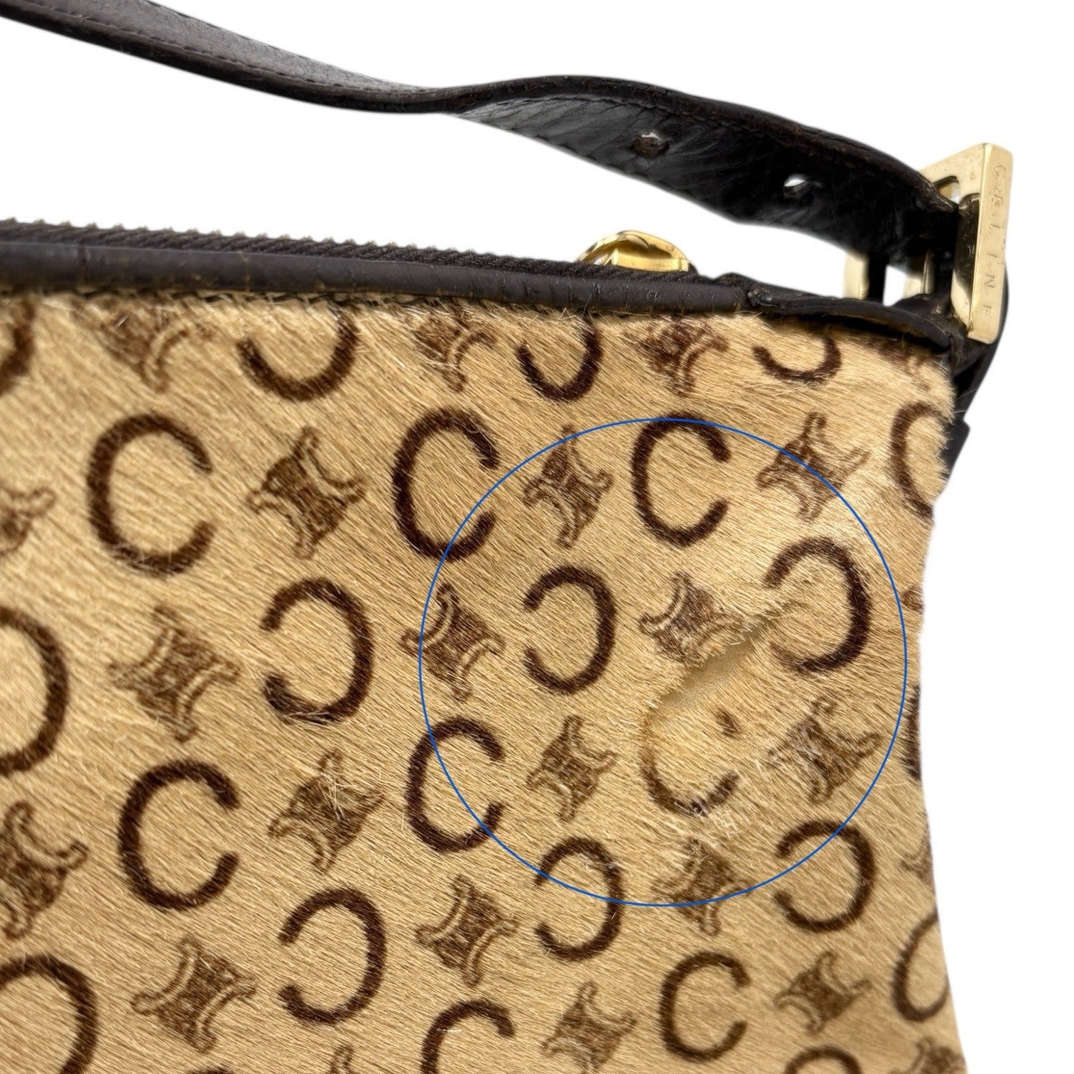 CELINE Vintage Macadam Logo Shoulder Bag Beige Brown Pony Calf Hair Leather