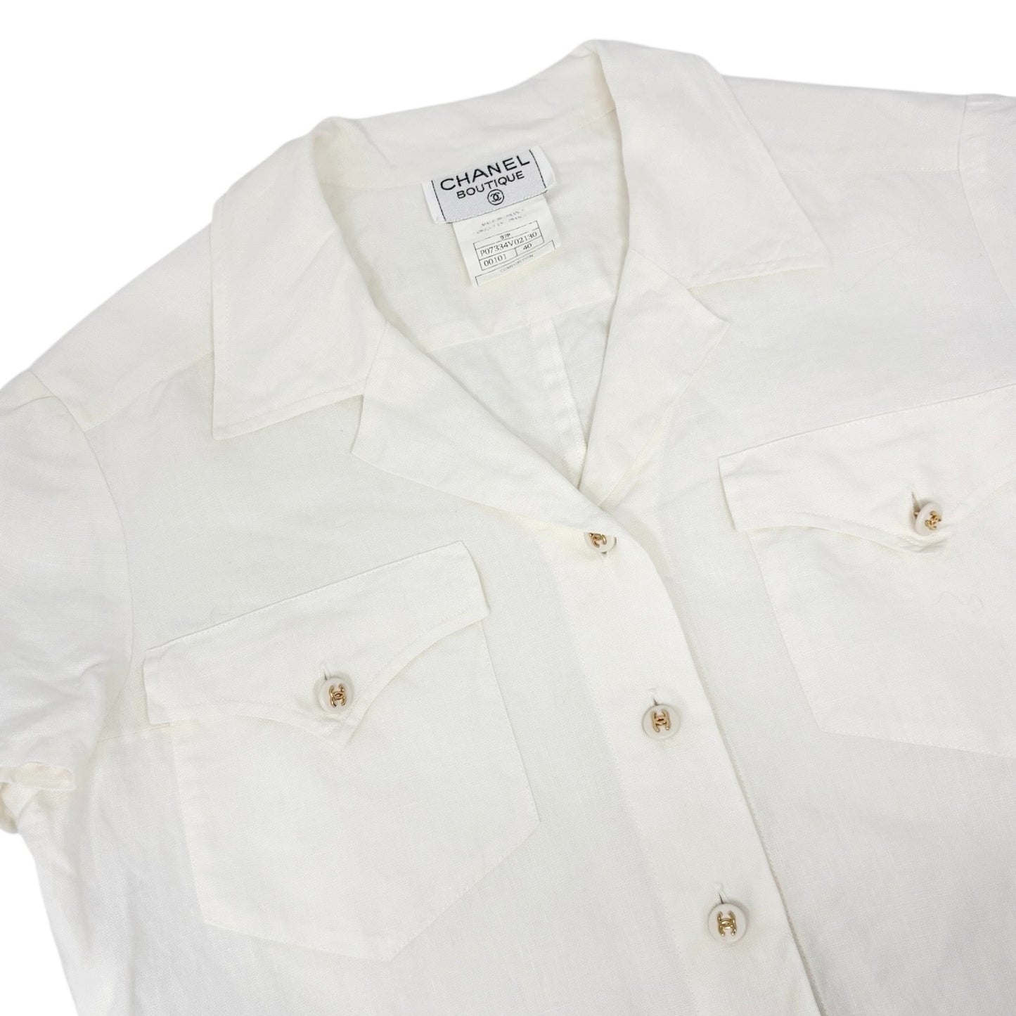 CHANEL Vintage 97P CC Logo Button Linen Shirt Top #40 Short Sleeve White Gold