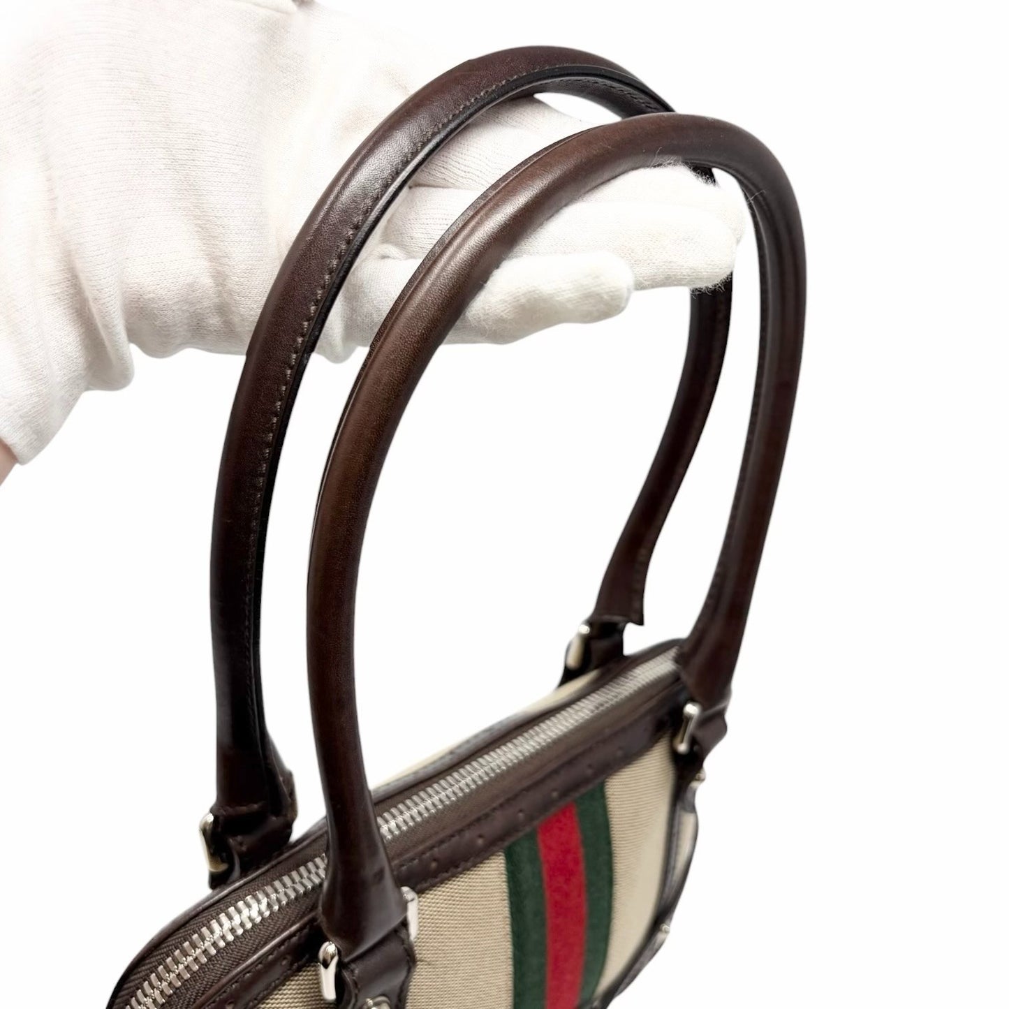 GUCCI Vintage GG Interlocking Web Stripe Canvas Shoulder Bag Beige Brown 901803