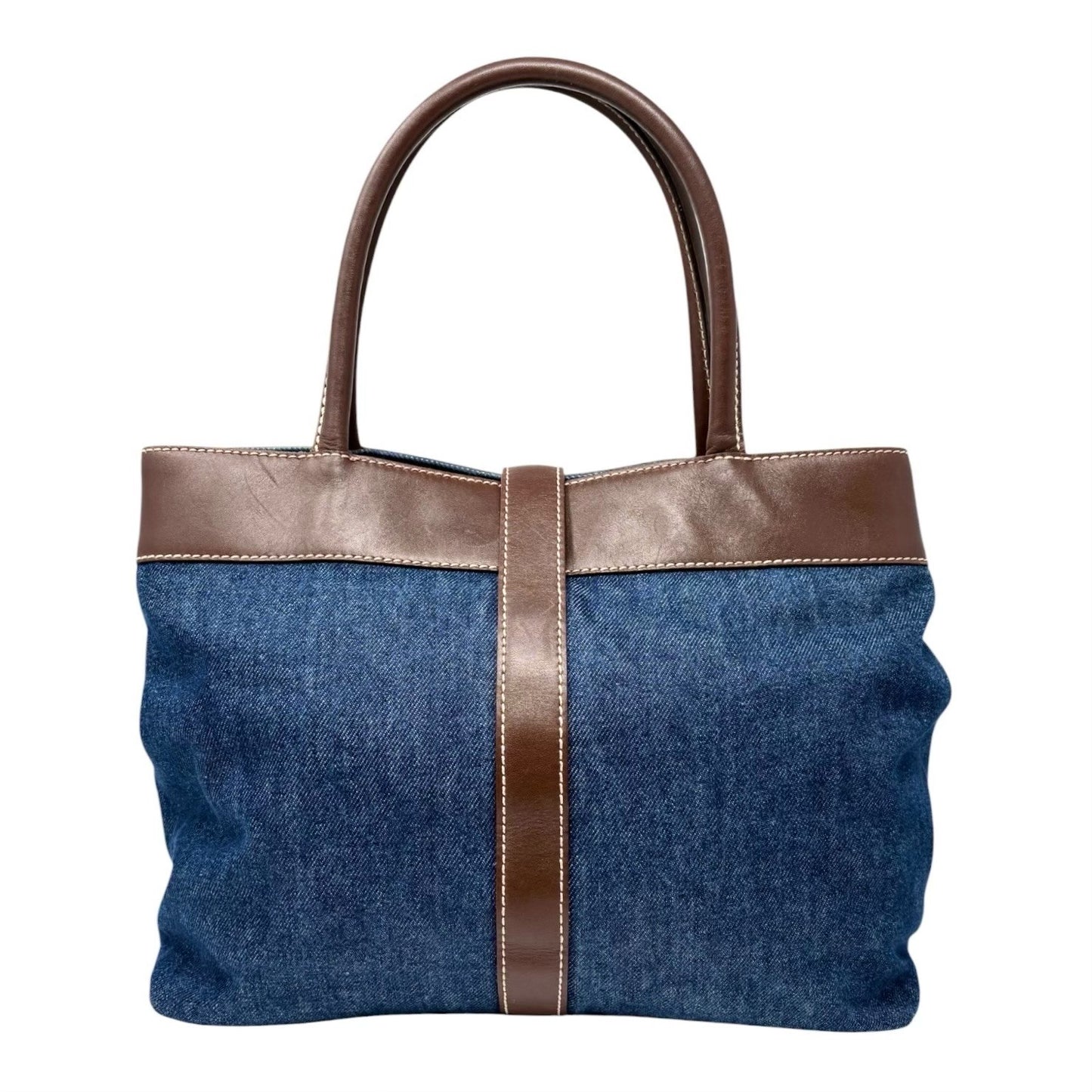 CHANEL Vintage CC Logo Denim Turnlock Tote Shoulder Bag Blue Brown Leather