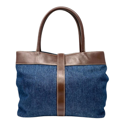 CHANEL Vintage CC Logo Denim Turnlock Tote Shoulder Bag Blue Brown Leather
