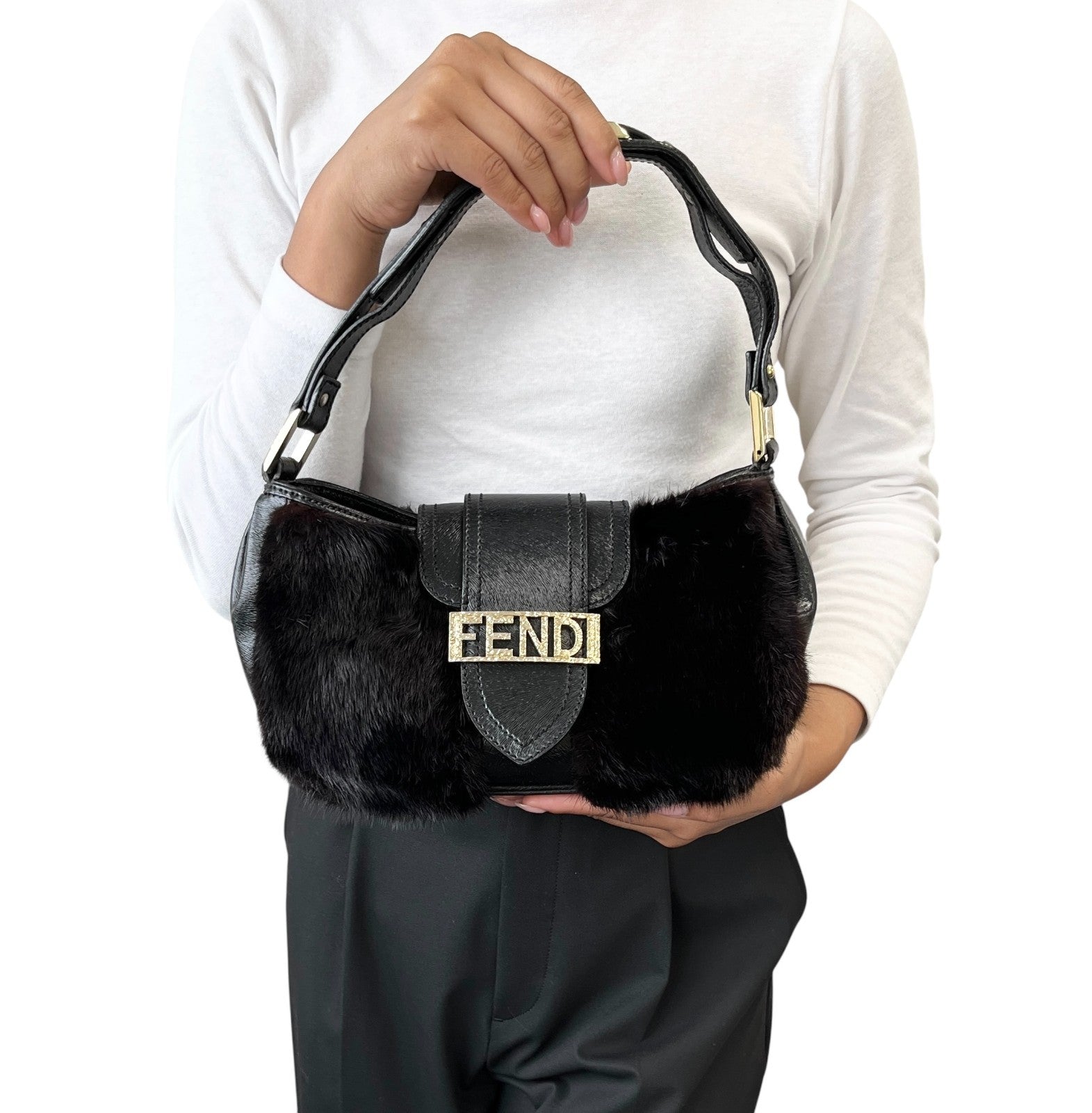 FENDI Vintage Logo Fur Baguette Mini Shoulder Bag Handbag Black Gold Leather