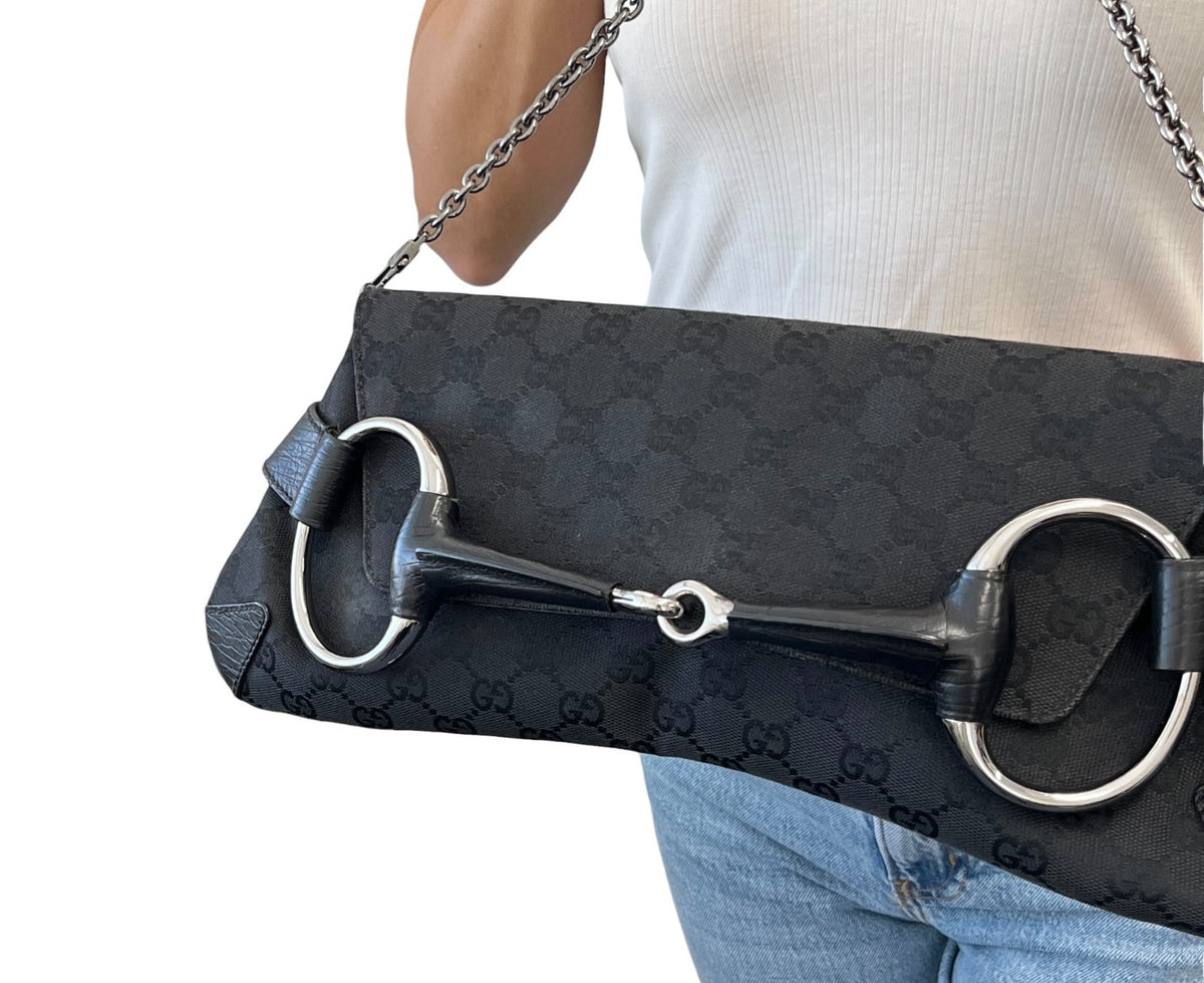 GUCCI Vintage Horsebit GG Monogram Chain Shoulder Bag Black Silver 902485