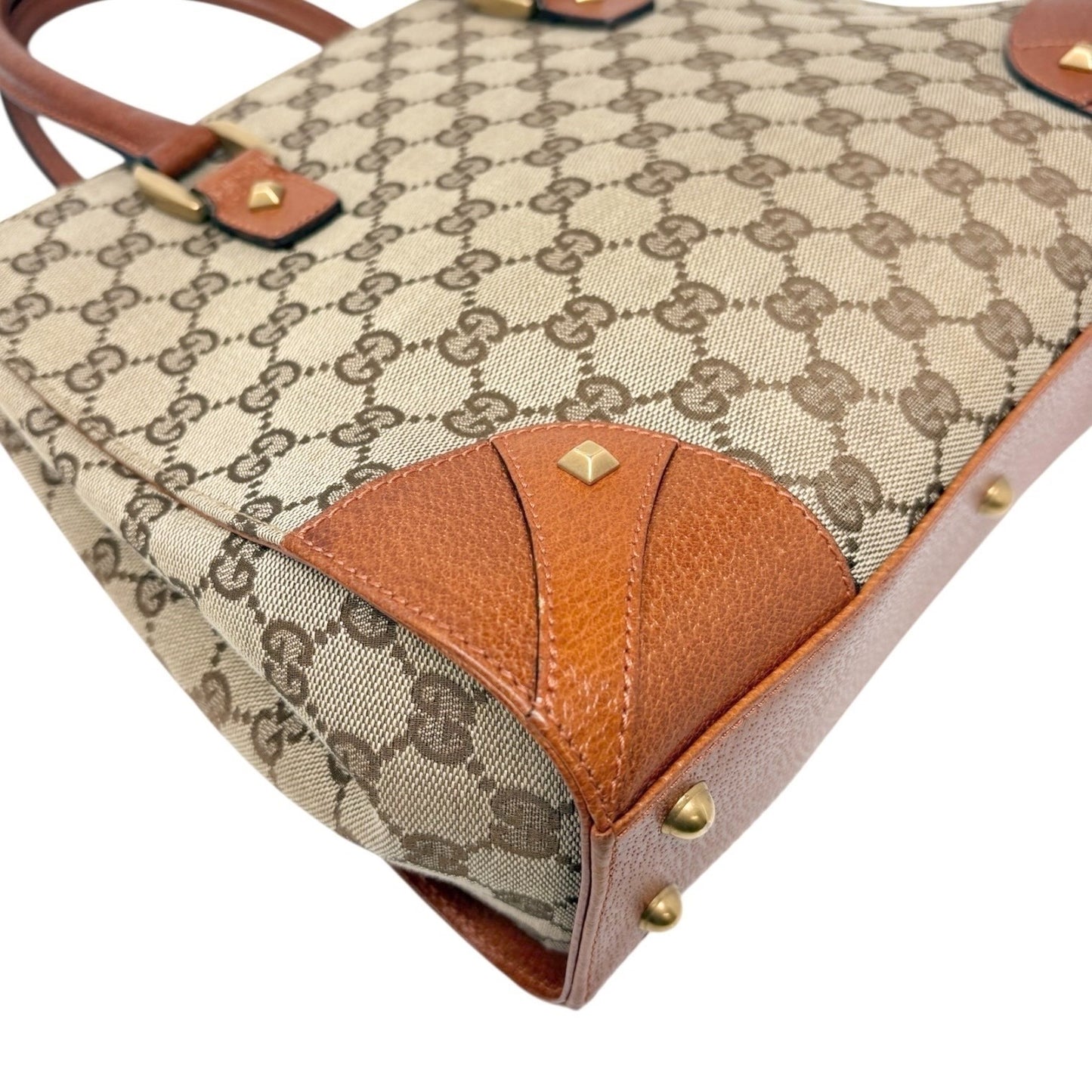 GUCCI Vintage GG Canvas Monogram Tote Bag Nailhead Orange Brown Studs Leather