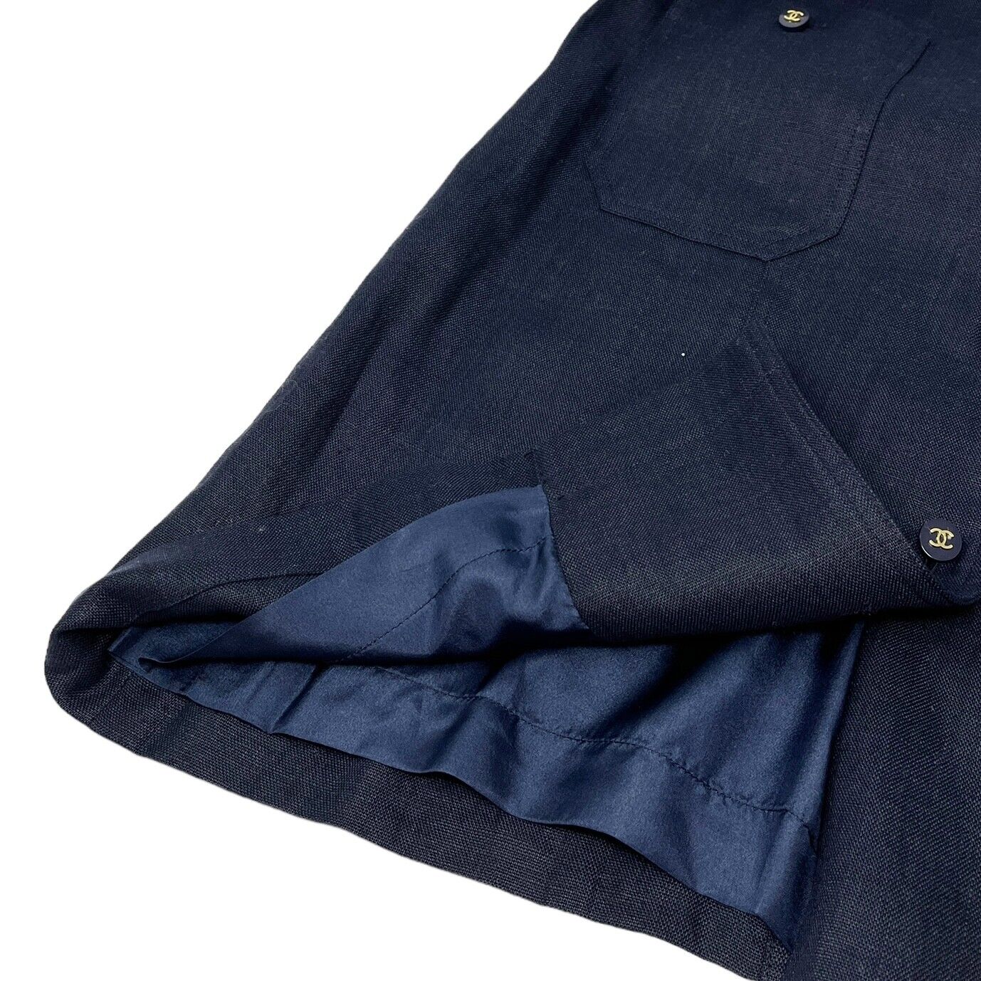 CHANEL Vintage CC Mark Button Linen Jacket Skirt Set #40 Dark Blue Rank AB+