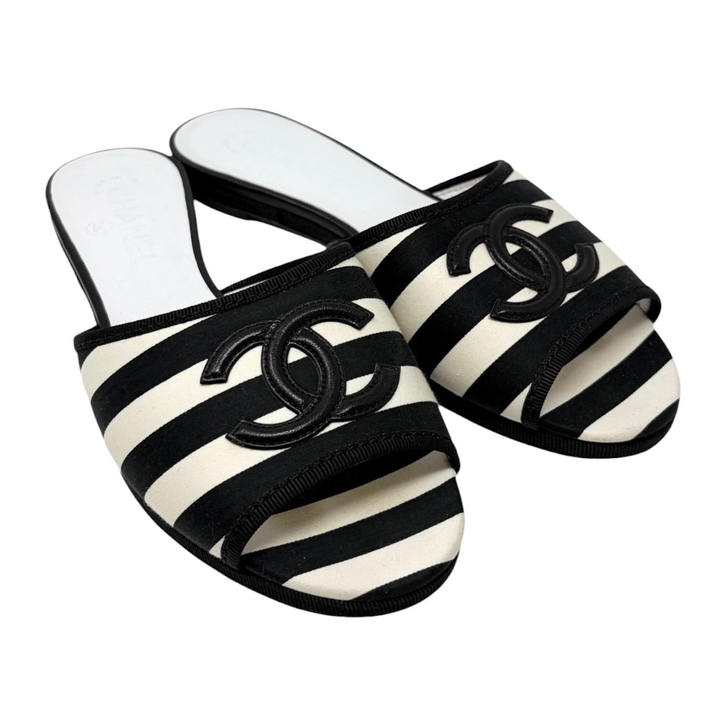 CHANEL Vintage CC Stripe Flat Slide Sandals #37 Black Cotton Leather 902236