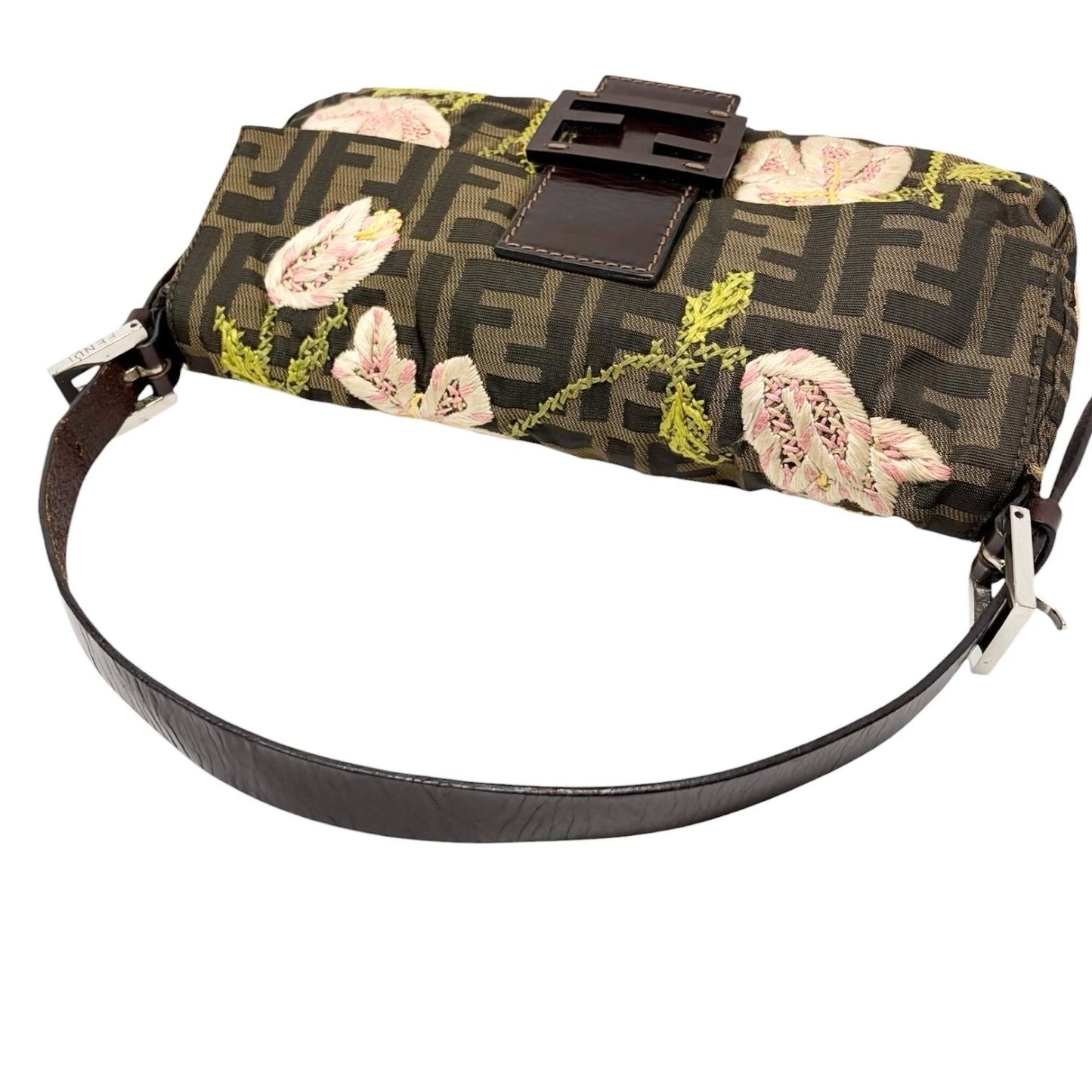 FENDI Vintage FF Zucca Mamma Baguette Flower Shoulder Bag Canvas Brown 901848