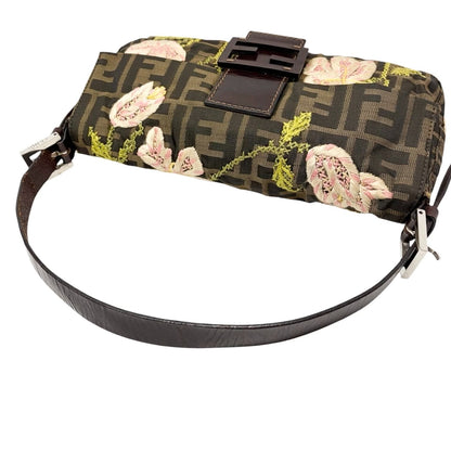 FENDI Vintage FF Zucca Mamma Baguette Flower Shoulder Bag Canvas Brown 901848