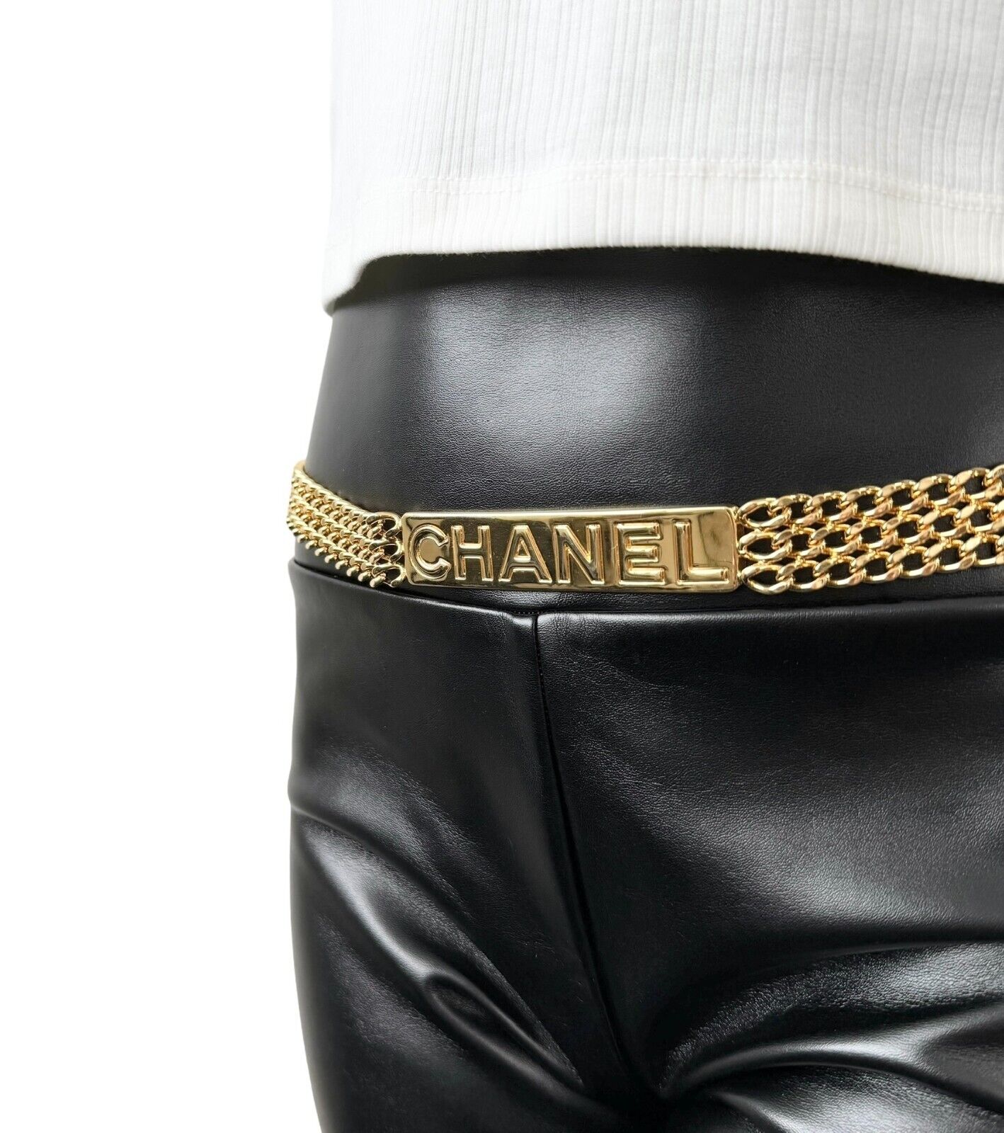 CHANEL Vintage 98P Chain Belt Logo Plate Accessory Gold Metal Rank AB+