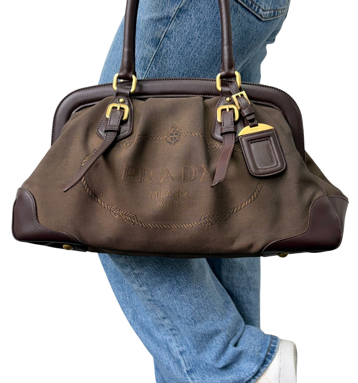 PRADA Vintage Milano Jacquard Shoulder Boston Bag Brown Gold 902455
