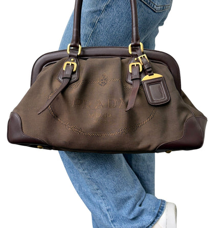 PRADA Vintage Milano Jacquard Shoulder Boston Bag Brown Gold 902455