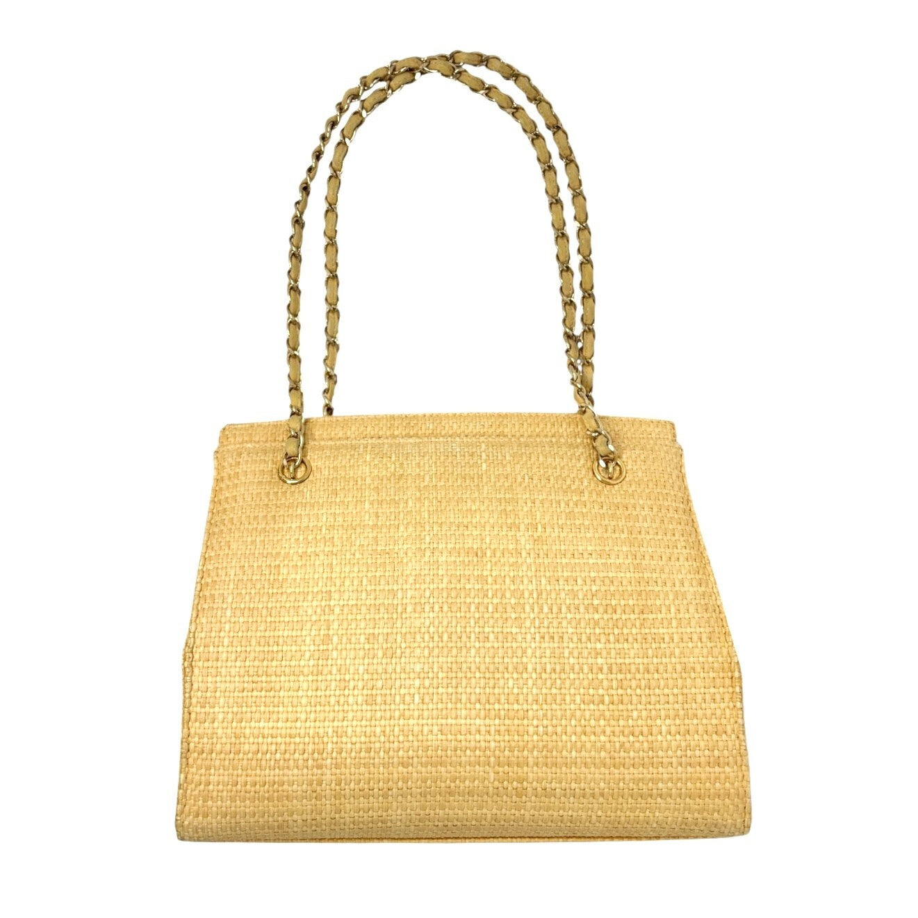 CHANEL Vintage 90s CC Logo Chain Shoulder Bag Cream Gold Straw