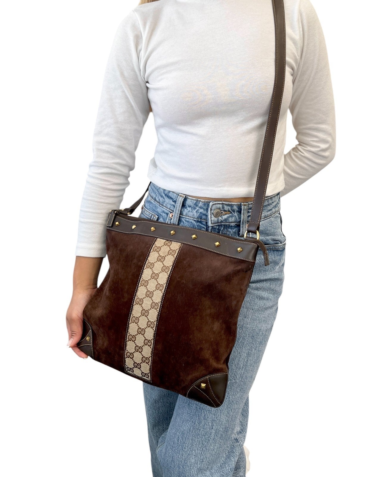 GUCCI Vintage GG Monogram Crossbody Bag Brown Gold Suede Canvas Studs Nailhead