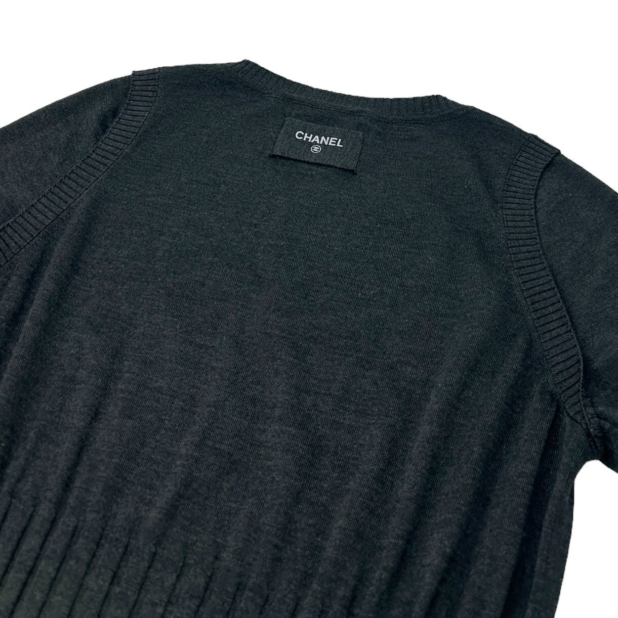 CHANEL Vintage P39367 CC Mark Back Logo Knit Dress #42 Dark Gray Wool RankAB