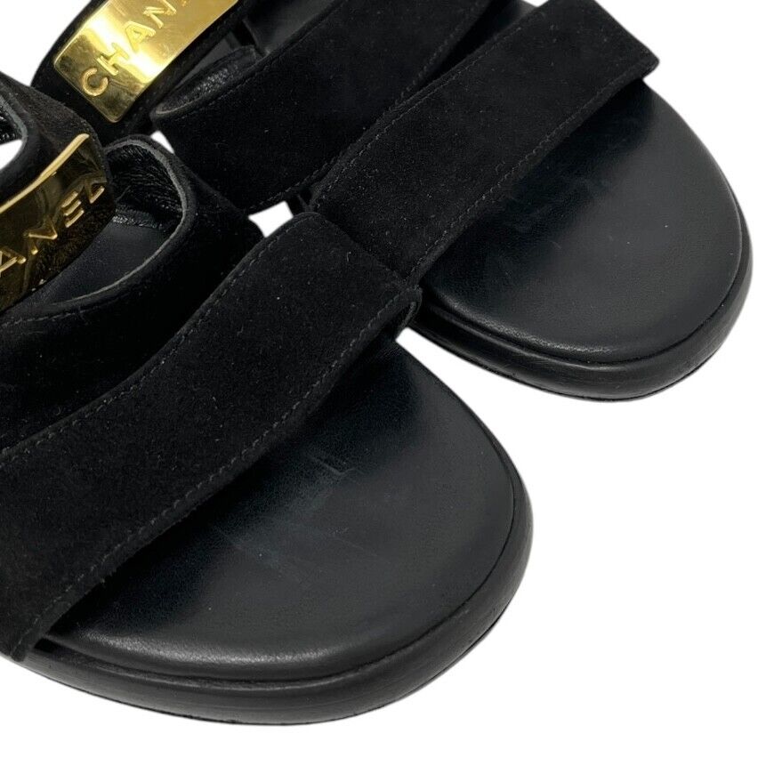 CHANEL Vintage CC Mark Logo Plate Slide Sandals #37-37.5 Black Gold Suede