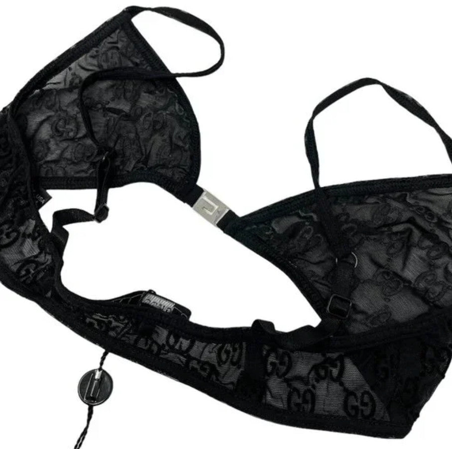 GUCCI Vintage GG Monogram Logo Bra Shorts Set #XS Underwear Black Nylon