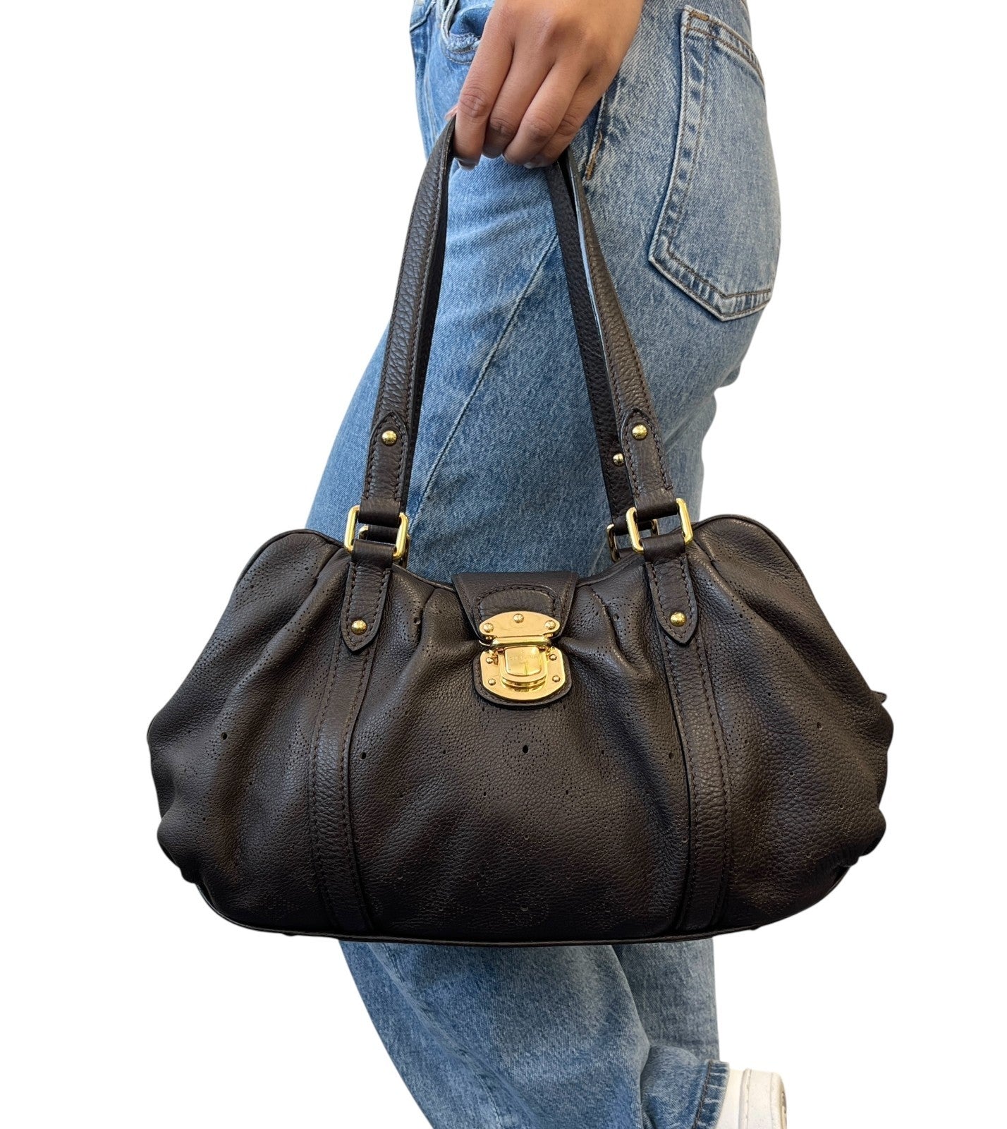 LOUIS VUITTON Vintage Monogram Mahina Shoulder Bag Brown Gold Leather Suede