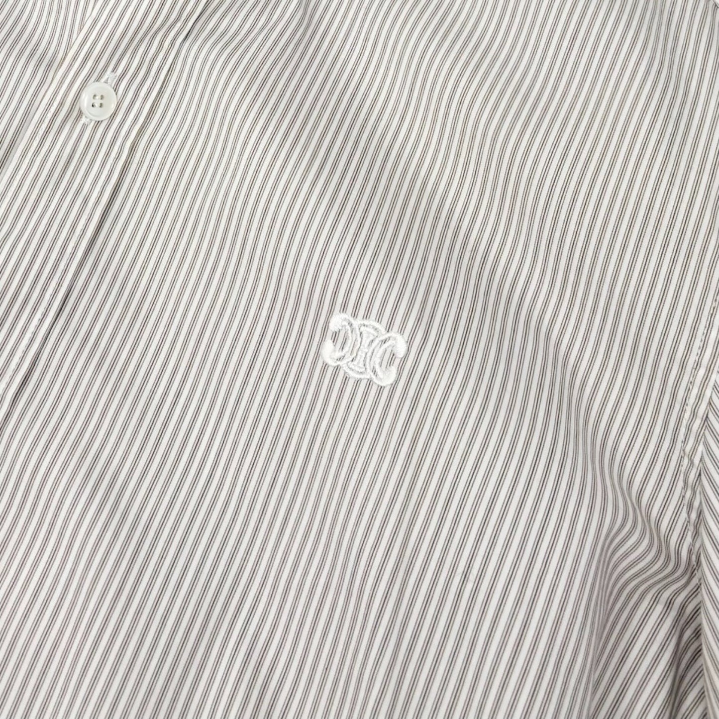 CELINE Triomphe Logo Stripe Button Up Shirt Long Sleeve #34 Brown White 901967