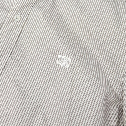 CELINE Triomphe Logo Stripe Button Up Shirt Long Sleeve #34 Brown White 901967