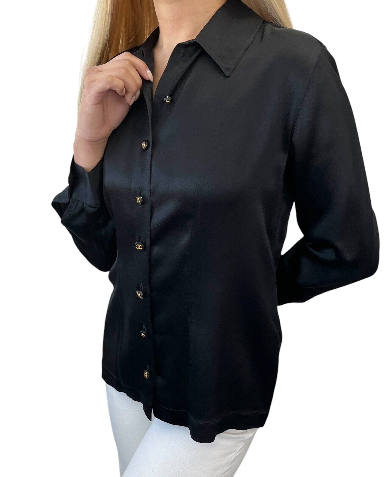 CHANEL Vintage CC Logo Silk Shirt Top Blouse Gold Button Black Silk Long Sleeve