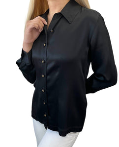 CHANEL Vintage CC Logo Silk Shirt Top Blouse Gold Button Black Silk Long Sleeve