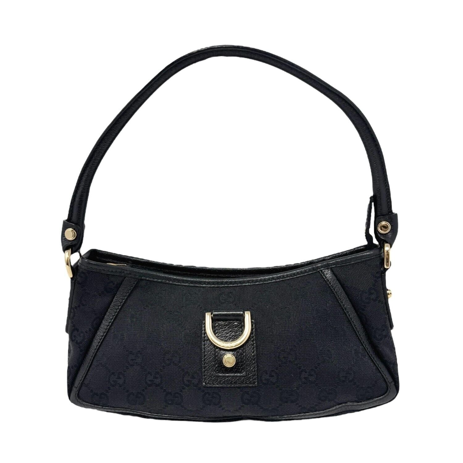 GUCCI Vintage GG Monogram Logo Abbey Shoulder Bag Zip Black Gold Canvas Leather