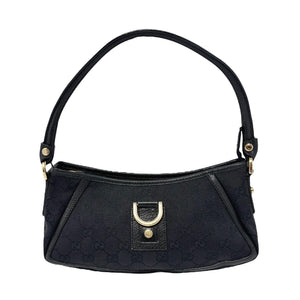 GUCCI Vintage GG Monogram Logo Abbey Shoulder Bag Zip Black Gold Canvas Leather