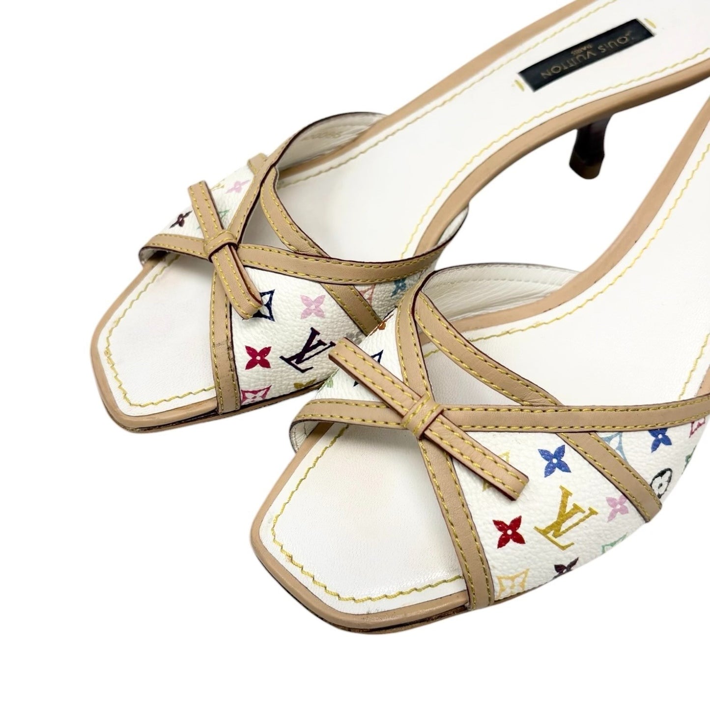 LOUIS VUITTON Vintage Monogram Multicolor Sandals Heels #37 White Beige