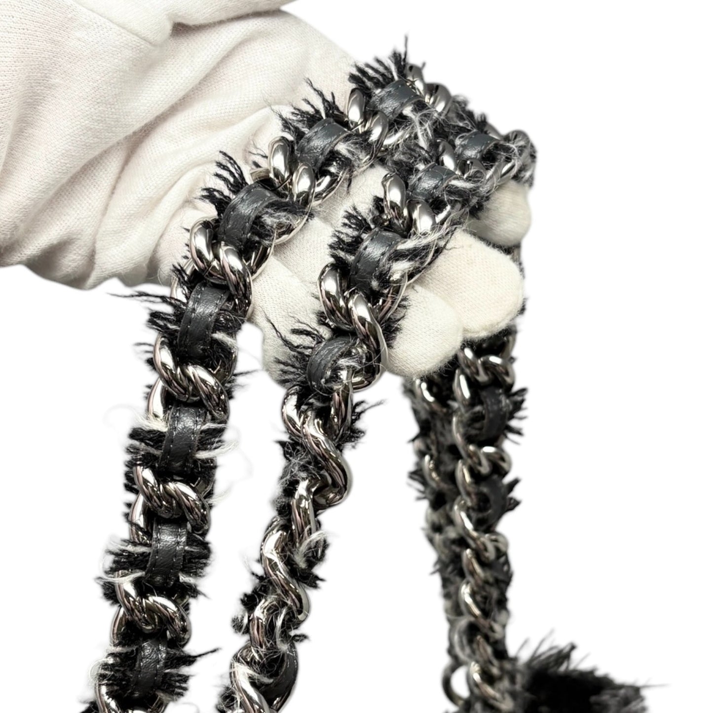 CHANEL Vintage CC Big Logo Funny Tweed Bon Bon Lambskin Shoulder Bag Gray Chain