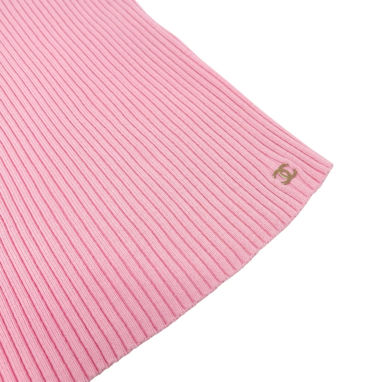 CHANEL Vintage 01C CC Logo Knit Rib Tank Top #42 Gold Rings Pink Cotton