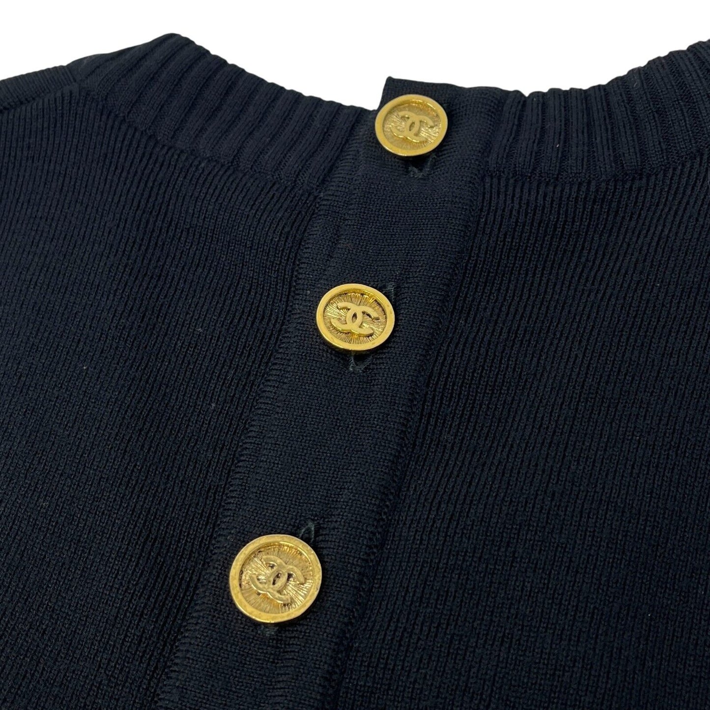 CHANEL Vintage CC Mark Logo Knit Jumpsuit Rompers Sleeveless Button Black Wool